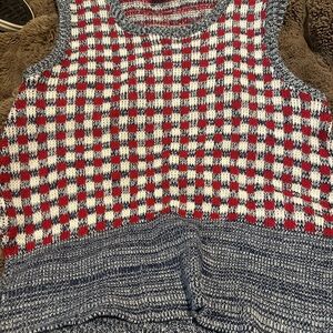 Red and Cream Checked Knit Tank with Navy Hem